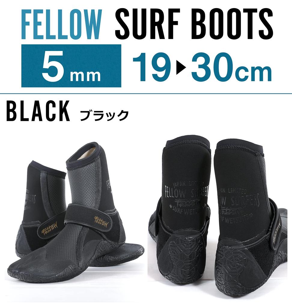 FELLOW Surf Boots, 5mm, Cold Weather, Warm, Fleece-Lined, Men's and Women's, Japanese Standard, for Surfing, SUP, Semi-Dry Wetsuits, Black, Size 23cm