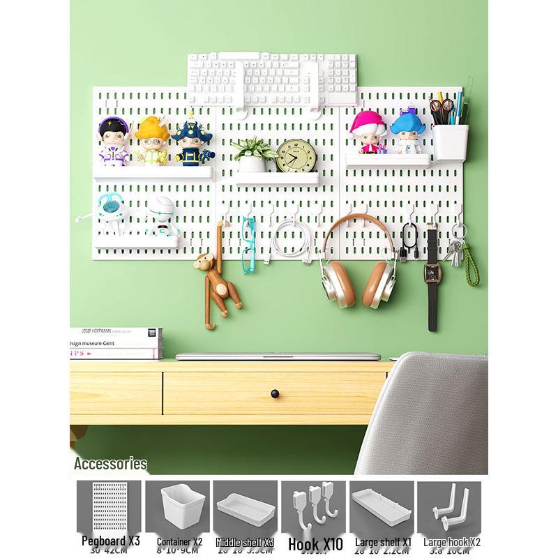 No-Drill Wall-Mounted Pegboard: Customizable Storage Hooks & Baskets Display for Home or Study Room.