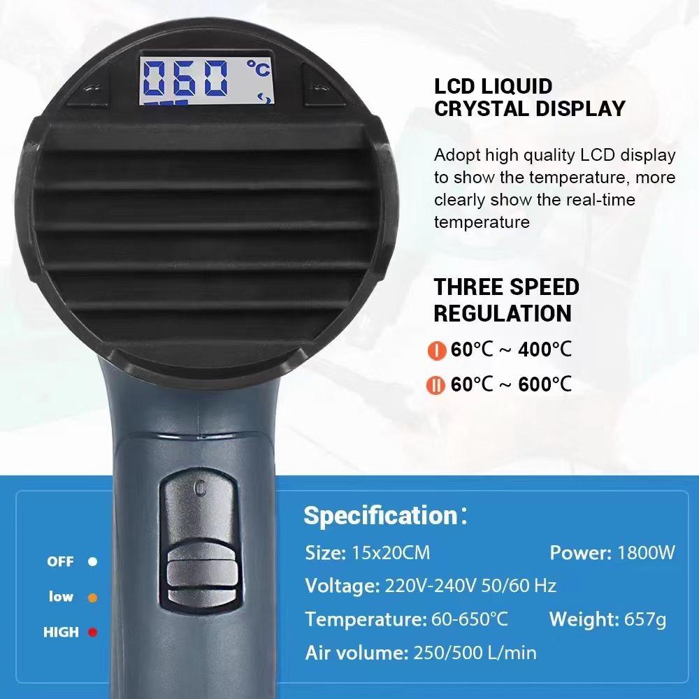 Industrial LCD Display Heat Gun 2000w Hot Air Gun Tool Handheld Electrical Heat Air Machine with 2-temp Settings 4 Nozzles