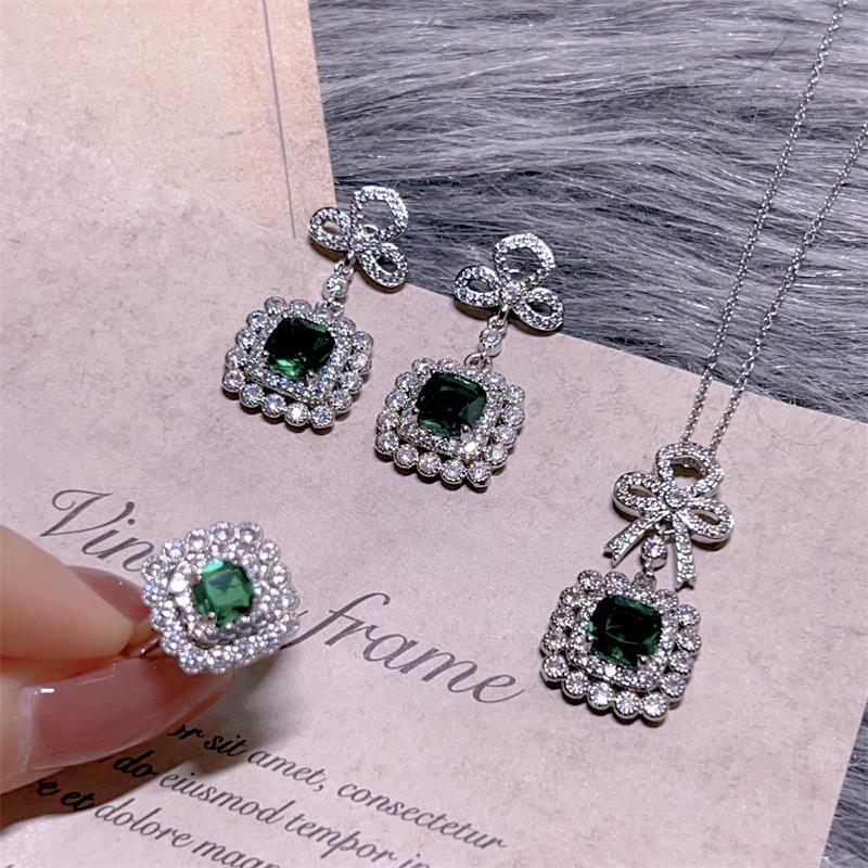 European Emerald Bow Jewelry Set: Earrings, Necklace & Ring with Full Diamond Sparkle - Elegant & Stylish