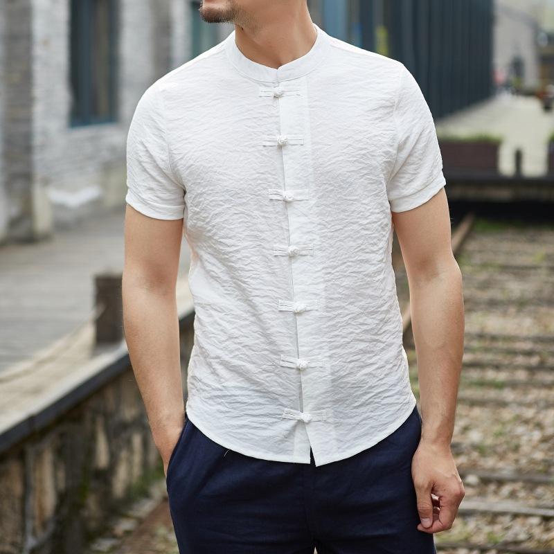 Summer Thin Pure Color Men's Shirt Collar Button Up Short Sleeve Slim Fit Casual Cotton Blend Menswear Traditional Chinese Style