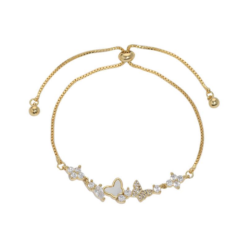 Elegant Gold-Plated Butterfly Bracelet with Micro-Paved Zirconia and Shell, Adjustable Pull-String Design for Women