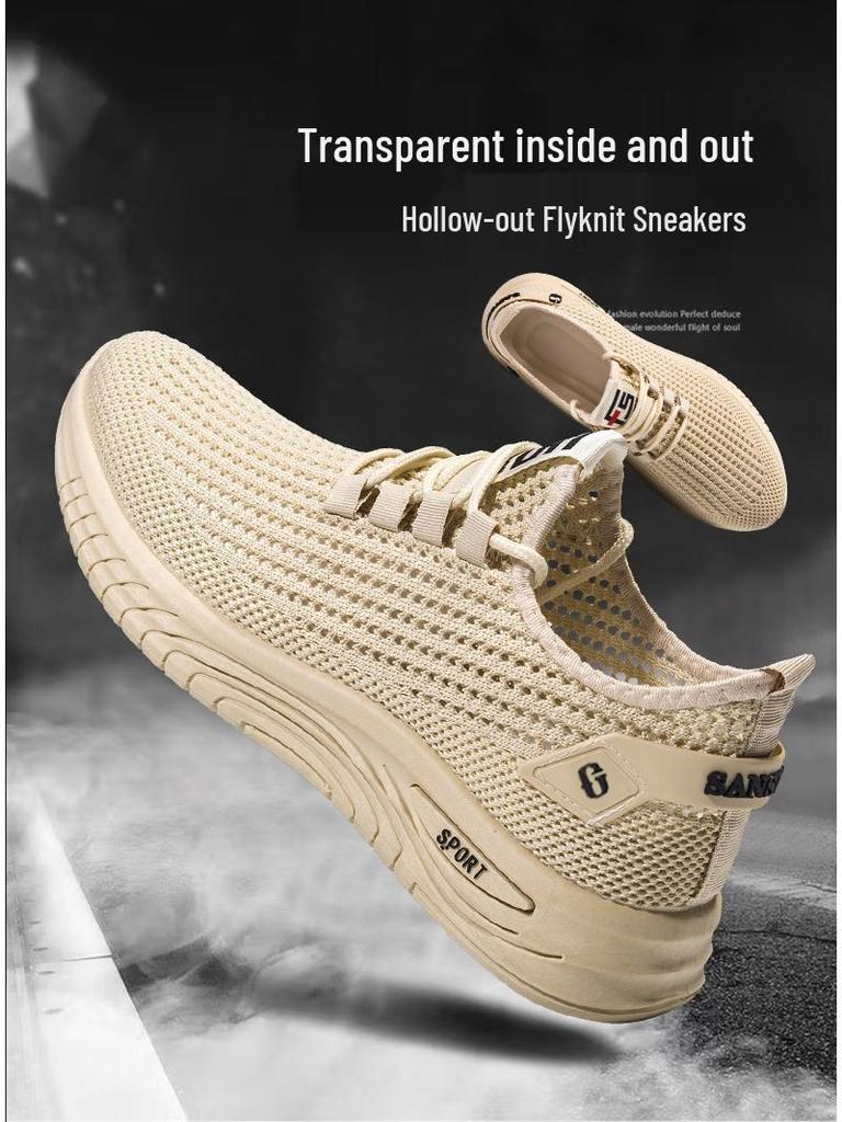 Men's Summer Breathable Mesh Flyknit Shoes - Korean Style, Slip-On, Hollow Design