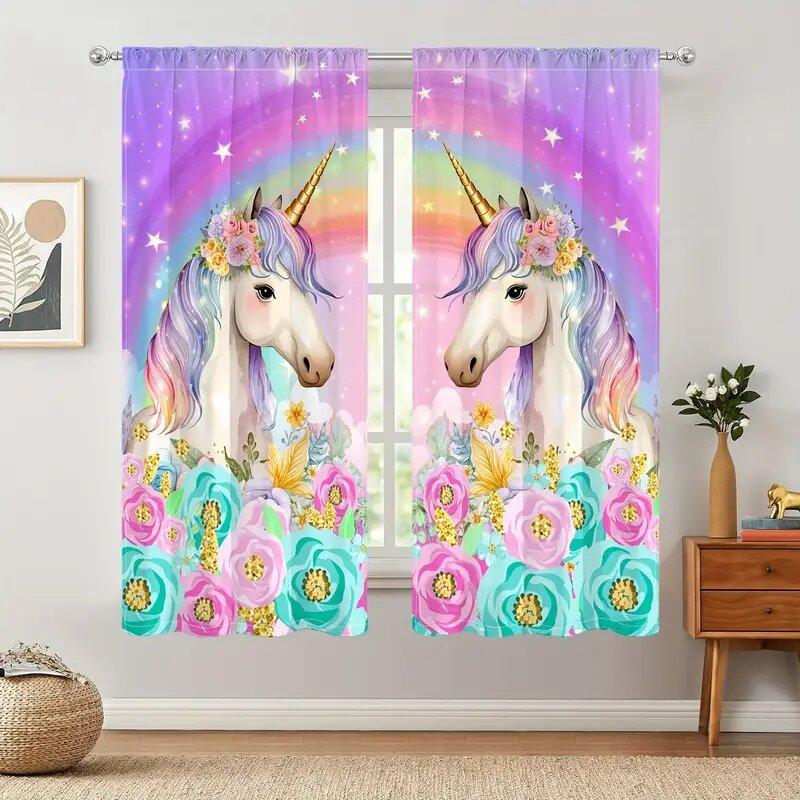 2 Pieces of Rainbow Flower Unicorn Printed Curtains, Pole Bag Curtains 30*65, Home Decoration, Room Decoration