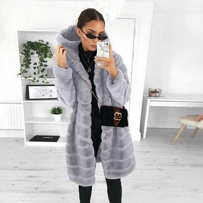 Women's Long Faux Fur Coat Hooded Horizontal Striped Warm Winter Outerwear