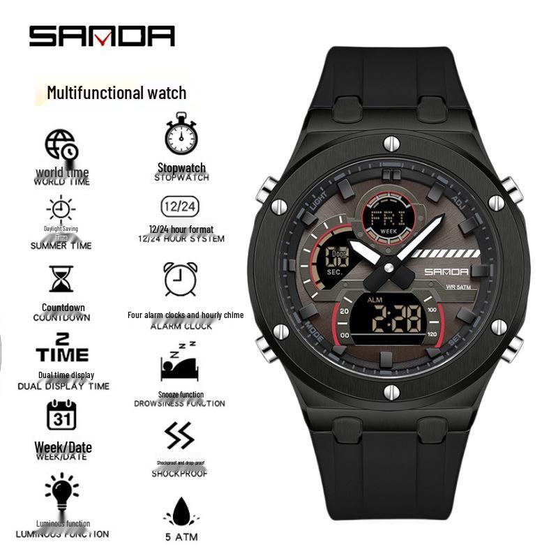 Sanda Trendy Multifunctional Waterproof Student Wristwatch with World Time Display