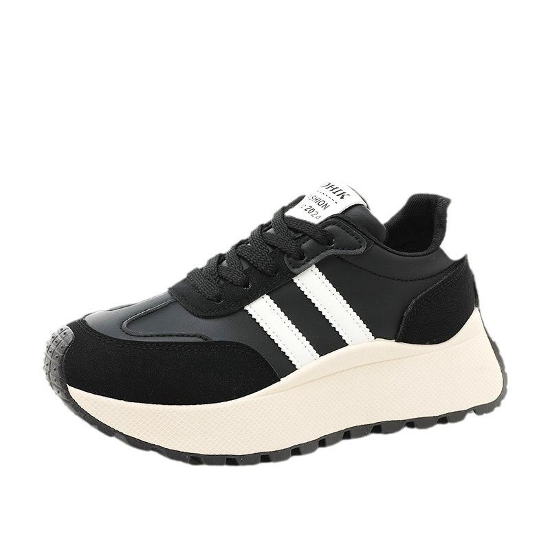 TK Women's Height-Boosting Sneakers: Black/Khaki Leather Patchwork, Thick Sole, Casual Sports Style for Autumn/Winter