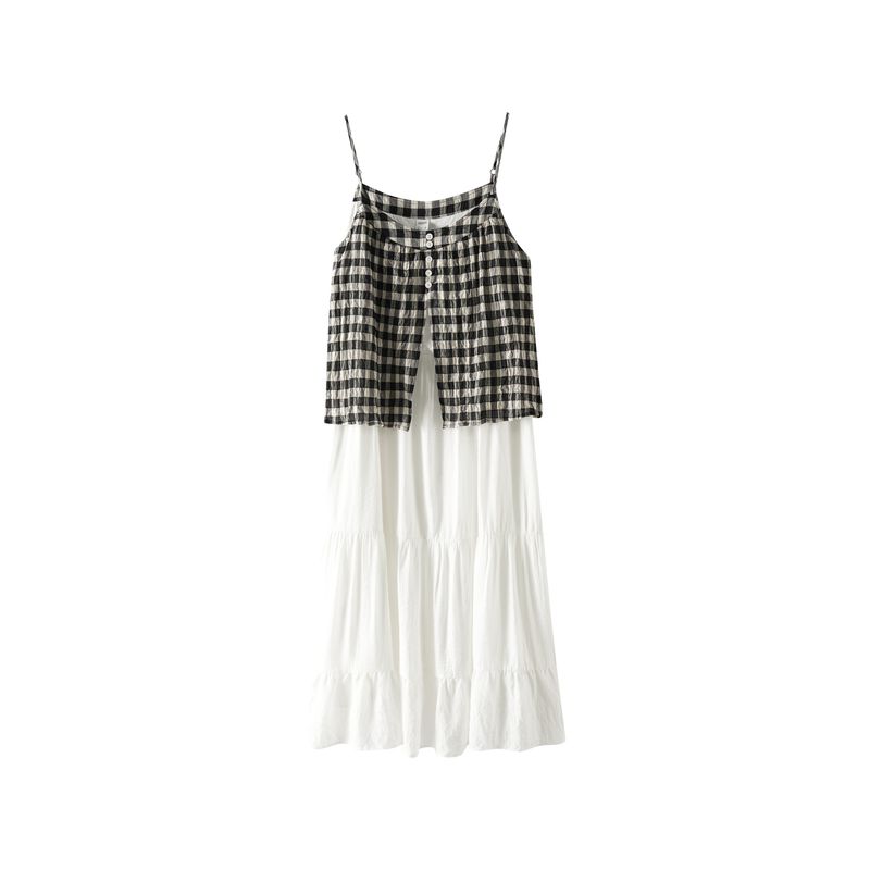 Plus size women clothing [Retro Art Long dress] Fake Two Pieces Plaid Pleat Texture Feeling Chubby Girl Autumn Sling