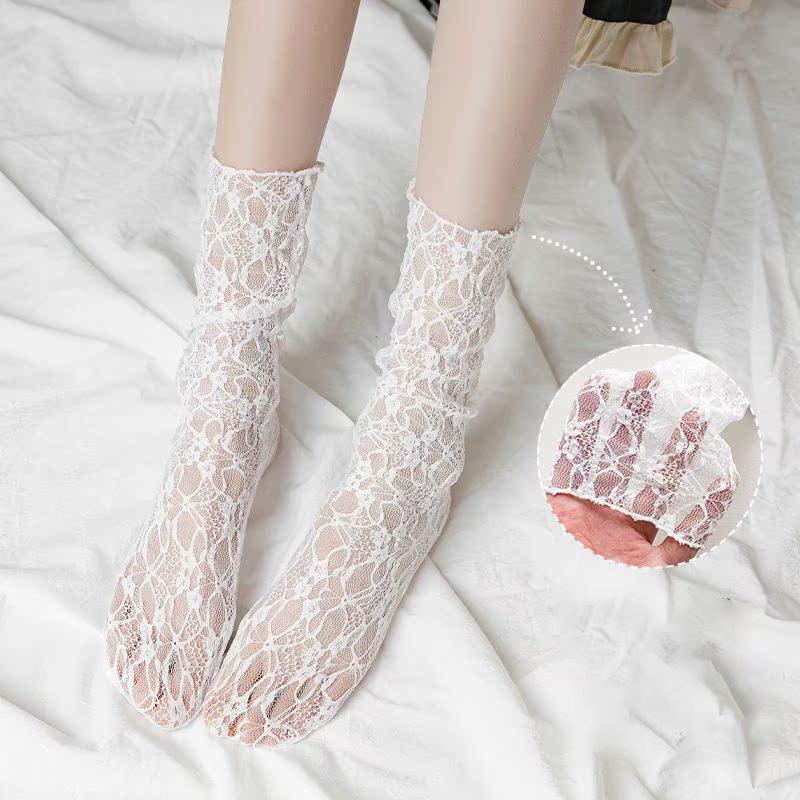 Summer Women's Simple Fashion Solid Floral Pattern Lace Socks Thin Hollow Retro Stack Cute Y2K Sweet Lolita Socks