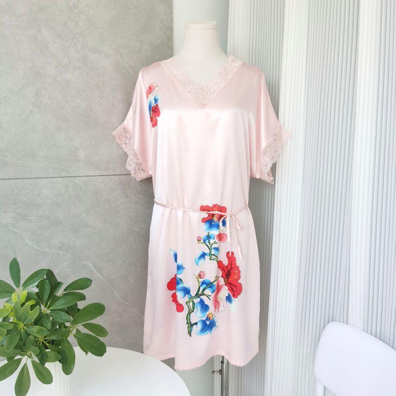 Silk Pajamas for Women 2022 New Arrival Summer Thin Short-Sleeved Lace Nightdress V Neck Pink Flower Sleeping Dress