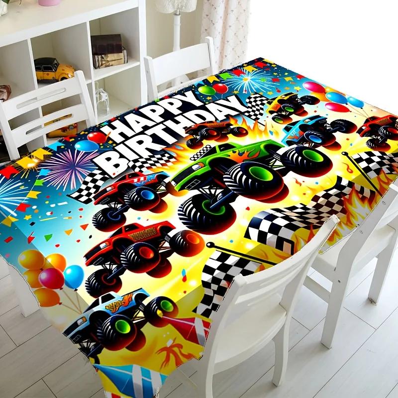 1 Stück Geburtstagsparty-Tischdecke, Monster-Truck-Thema, Rechteckige Polyester-Tischdecke.PMJ