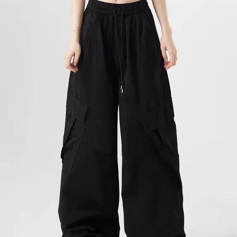 Unisex Black Cargo Pants: Loose Fit, Wide-Leg with Drawstring Design