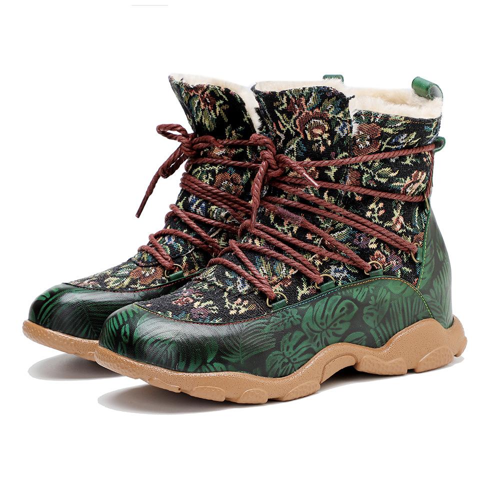 Johnature Botas curtas de inverno femininas quentes e confortáveis, feitas à mão, em couro legítimo, estampado, emendado, pelúcia, retrô