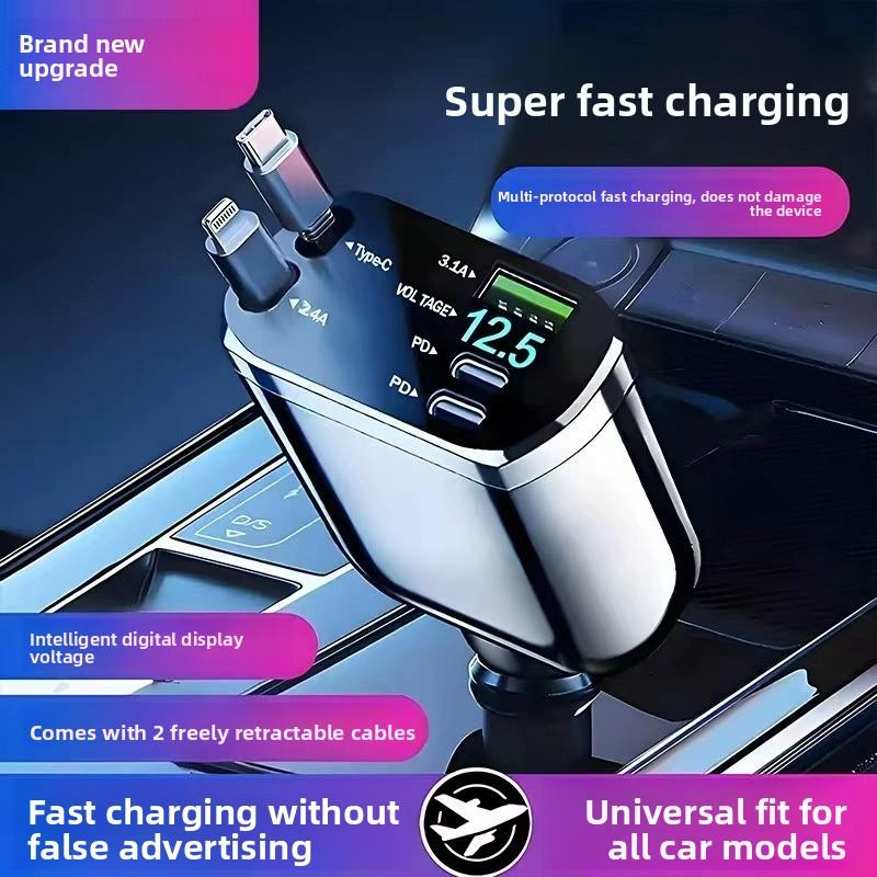 Cargador de coche retráctil con carga rápida, adaptador de 120W con doble cable para dispositivos