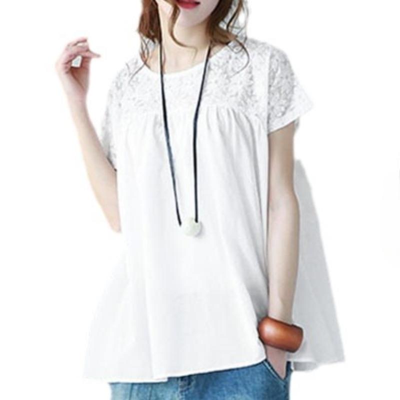 

Летняя женская футболка больших размеров, однотонная кружевная рубашка с коротким рукавом, топ S белый