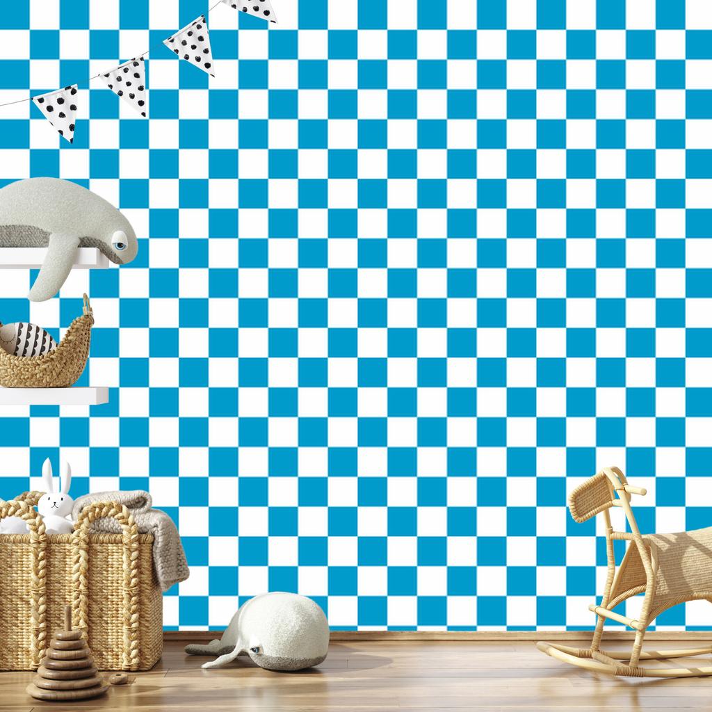 Checkerboard Wallpaper Turquoise, White and Celadon for Living Room and Bedroom 50x1000