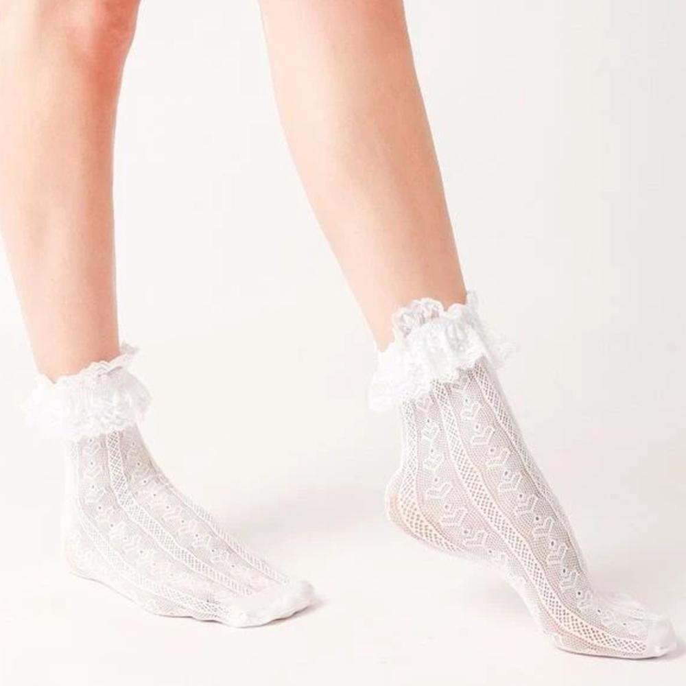 1 Pair Lace Mid Tube Socks Women's Lolita Retro Women's Love Jacquard Princess Sock White Breathable Anti Hook Silk Girls' Socks