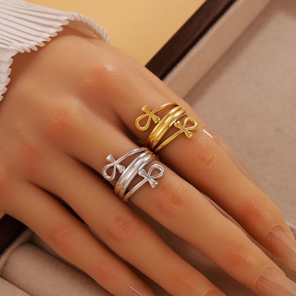 Stainless Steel Retro Elegant Cross Line Open Ring - Vacuum Plated Gold Jewelry