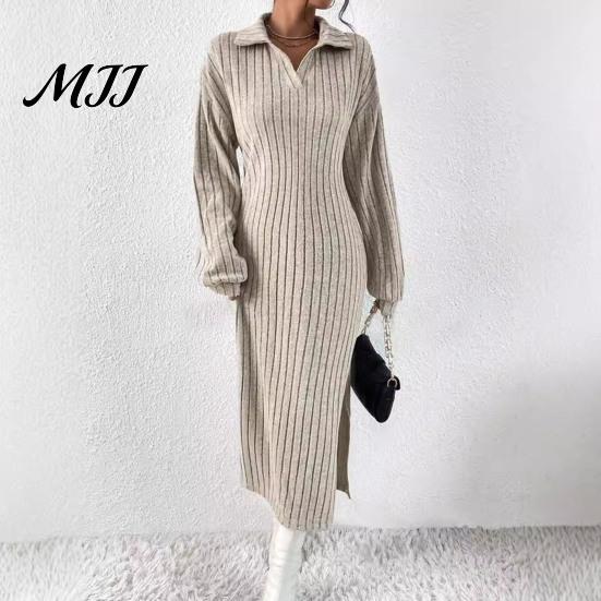 Knit Sweater Dress Women for Fall Winter, Ribbed Long Sleeve with Soft Midi Dresses Side Split, Solid Color Casual Collared V Neck