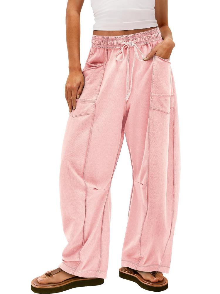 Dámské béžové kalhoty se širokými nohavicemi se stahovací šňůrkou v pase a bočními kapsami