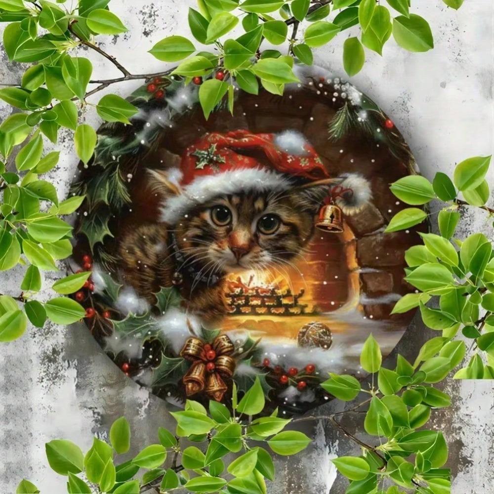Vintage Christmas Cat Metal Sign Humorous Feline Embossed Wall Decor