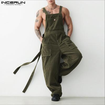 Men Suspenders Corduroy Jumpsuit Overalls Strap Casual Loose Long Cargo Bib Pants