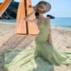 Green holiday style neck halter dress for women's spring and summer sleeveless v-neck slim fit, sexy, beautiful and good-looking a-word long dress