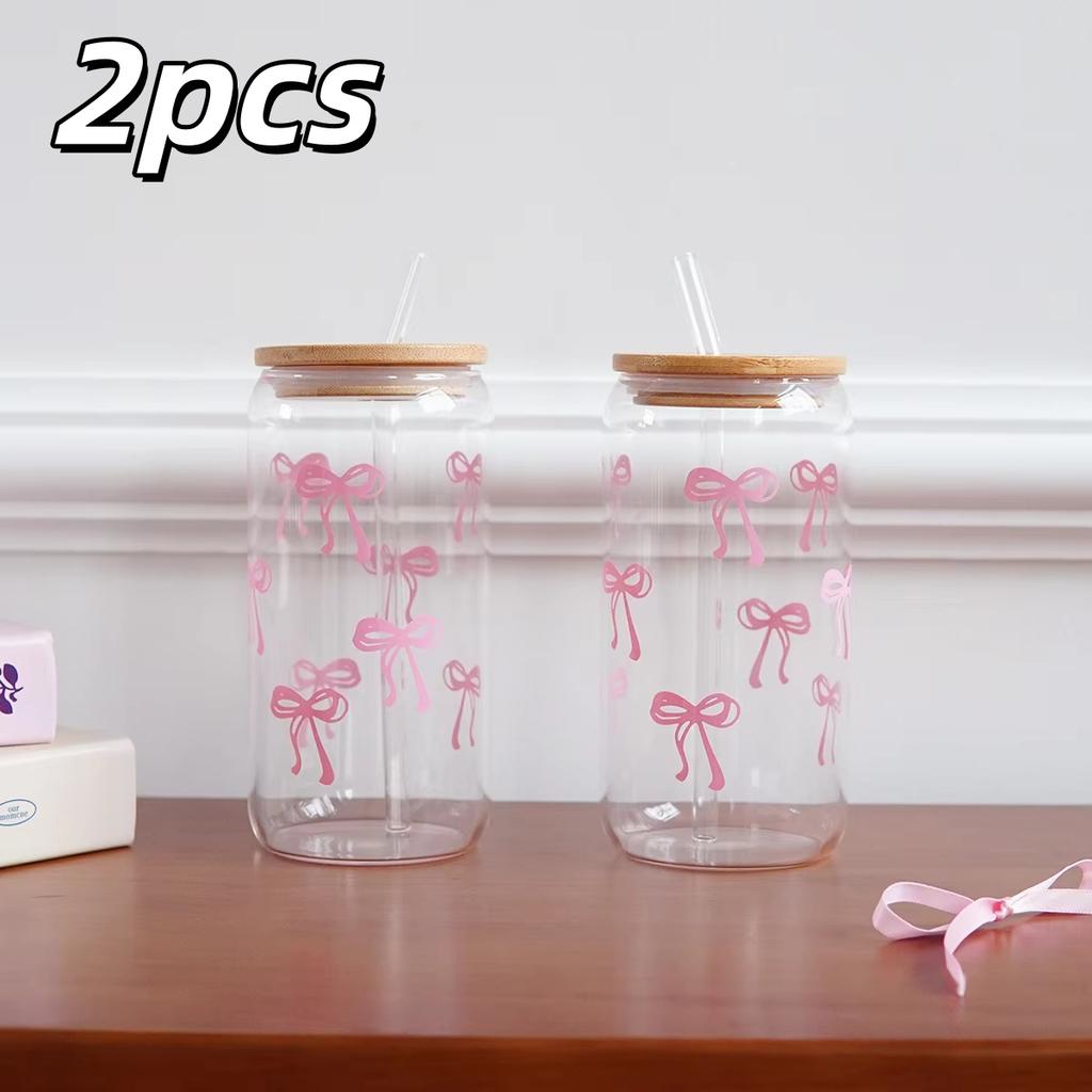 1/2pcs Pink Bow Glass Cup with Bamboo Wood Lid and Straw Reusable Bow Aesthetic Cup for Drinking Coffee Tea Milk Picnic Party