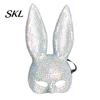 Adjustable Elastic Mask Disco Mirror Rhinestone Rabbit Mask, Sparkly Glitter Bunny Face Christmas Party for Halloween Party, Shiny Reflective