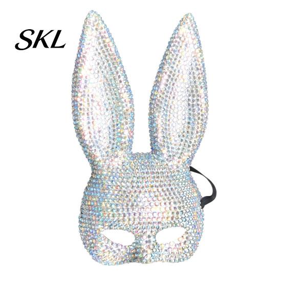 Adjustable Elastic Mask Disco Mirror Rhinestone Rabbit Mask, Sparkly Glitter Bunny Face Christmas Party for Halloween Party, Shiny Reflective