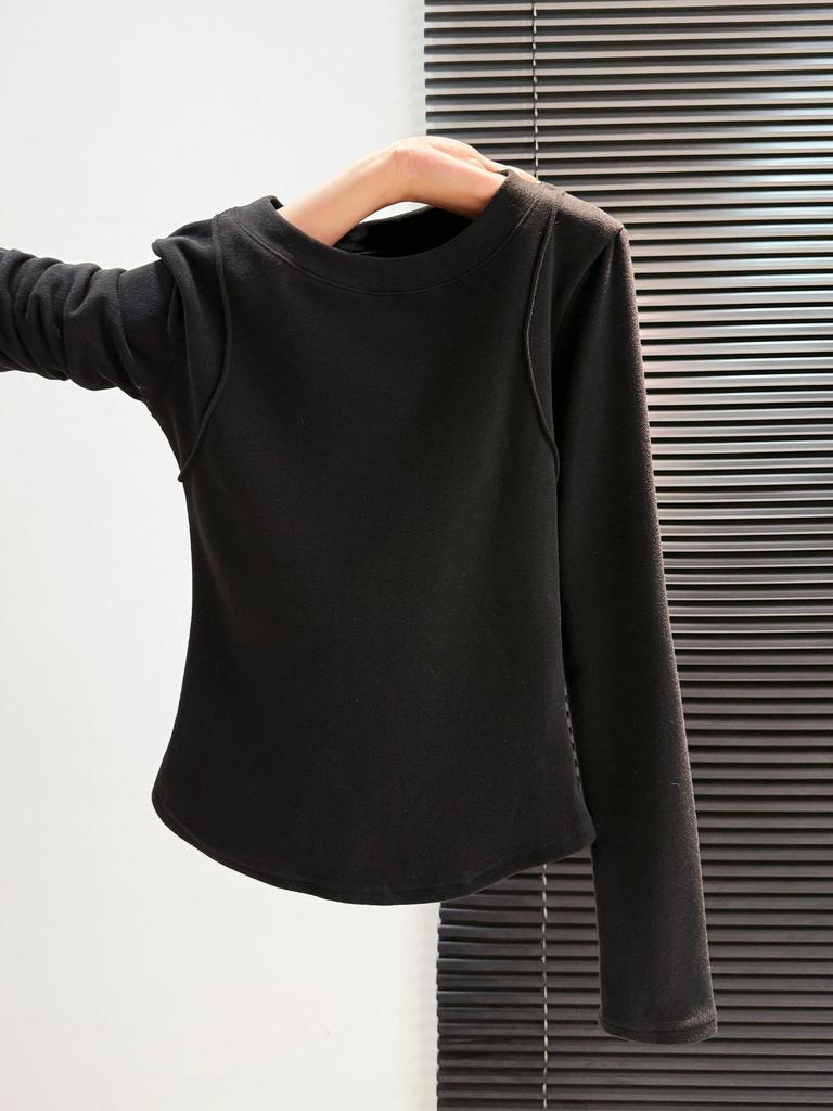 Women's Slim Fit Long-Sleeve White Plush Hem T-Shirt - Autumn/Winter Style