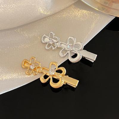 New Metal Flower Hairpin Women's Rhinestone Side Bangs Clip Temperament Broken Hair Word Duck Bill Clip Hairpin Headdress