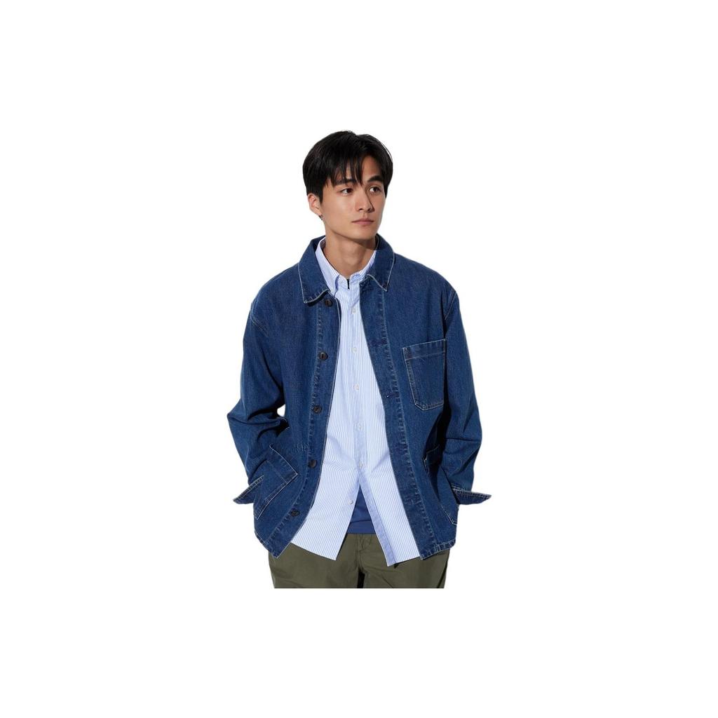 UNIQLO Solid Color Pointed Collar Single-Breasted Long Sleeve Jacket Unisex jackets Denim-Blue 467535-67
