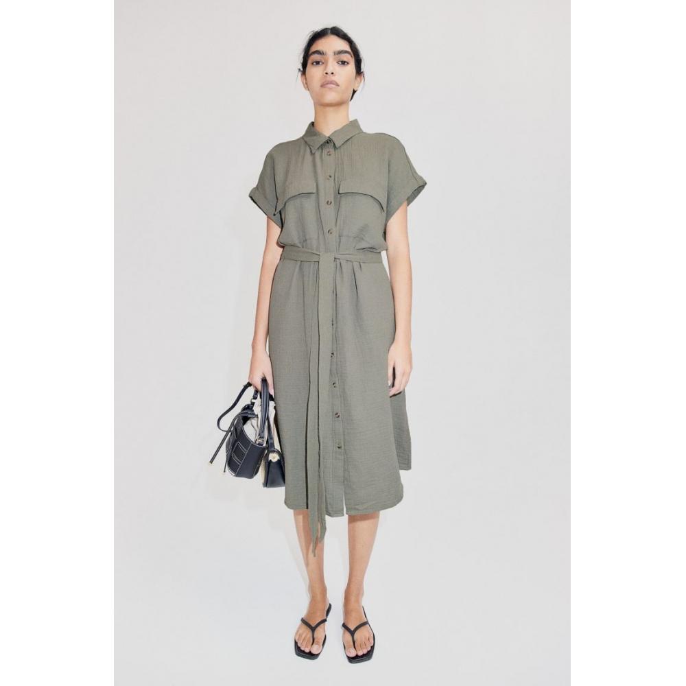 

Платье-рубашка с поясом HM Хаки-Зеленый