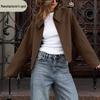 Women's Lapel Long Sleeve Zipper Woolen Coat - Autumn/Winter European American Fashion Loose Casual Jacket