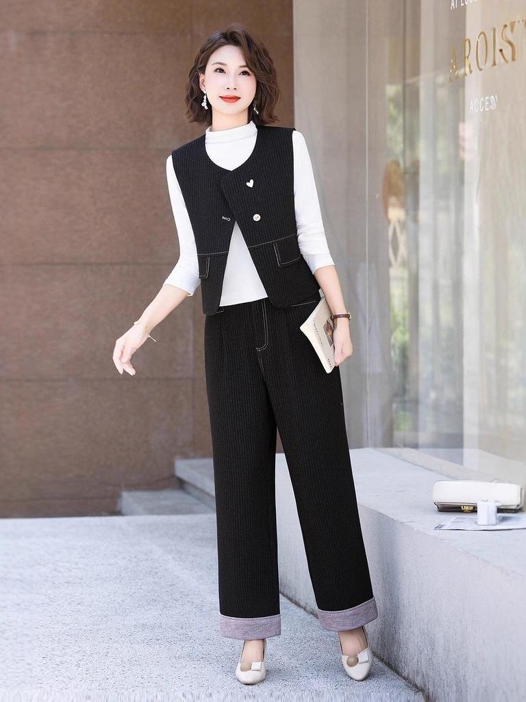 Hong Kong Retro Fashion Denim Blue Women's Set: 2025 Spring/Autumn Striped Patchwork Jacket & Wide-Leg Pants Two-Piece
