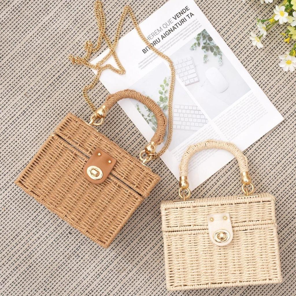 Borsa a tracolla in paglia da donna - Stile influencer francese - Piccola trousse da trucco portatile casual
