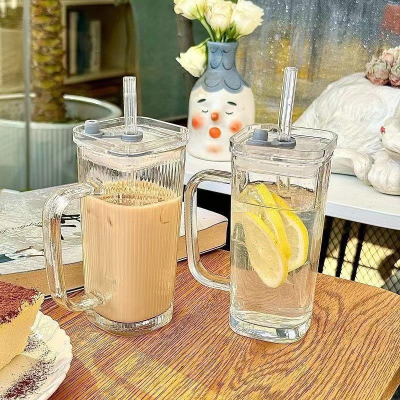 INS-Style Transparent Glass Tumbler with Handle - Stylish Summer Juice Cup with Vertical Stripes