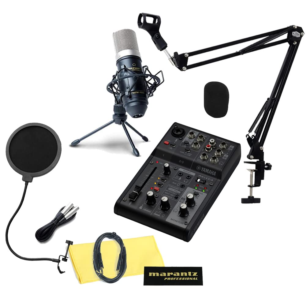 

YAMAHA AG03MK2 Streaming Set Arm Stand Pop Guard with 4 Pole Aux Cable Microphone Stand Black for Live Streaming and Commentary Condenser Microphone