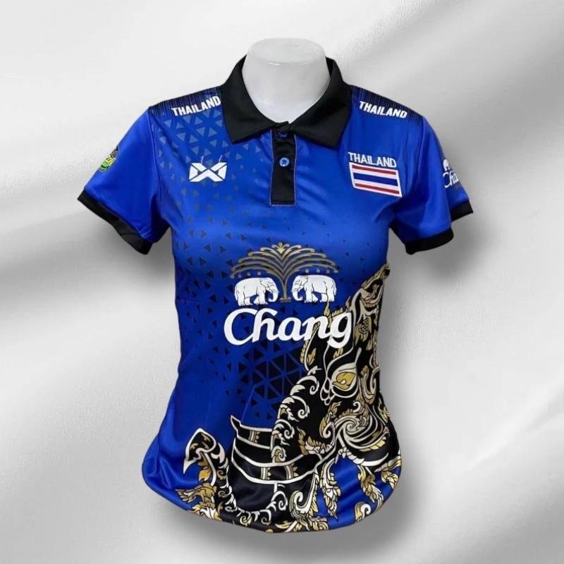 Dámský Thajsko Národní Fotbalový Tréninkový DRES POVZBUZOVÁNÍ Fanoušek Potisk Vintage Retro Rychleschnoucí Polokošile Krátký Rukáv Uniforma Slon Sport Outdoor