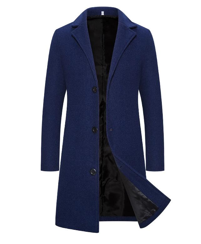 Spring Autumn Long Cotton Coat Wool Blend Pure Color Casual Business Fashion Men's Clothing Slim Windbreaker Jacket