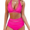 European and American black mesh splicing neck bikini women's high waist to cover their belly and look thin split swimsuit vacation beach swimsuit