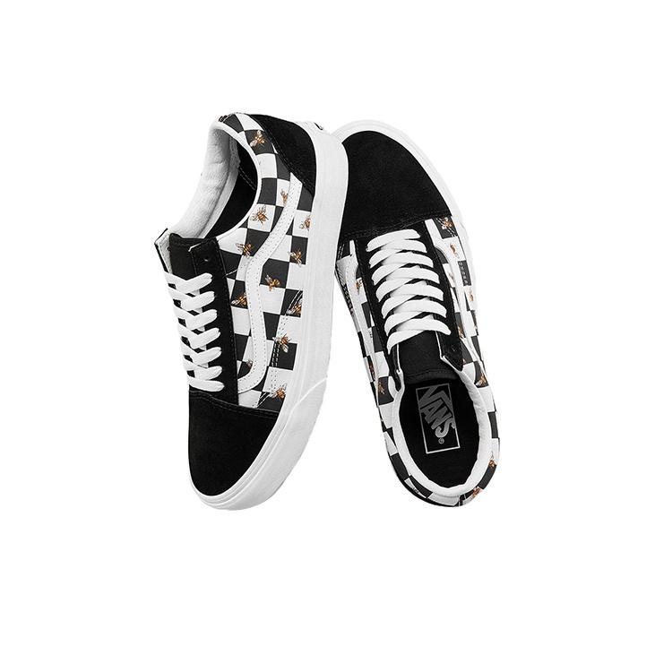 Vans Old Skool Series Bee Print Checkerboard Low Top Skate Shoes Unisex Sneakers Black White VN0A3WKT9EH