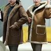 Korean Style Mid-Length Suede Fleece Women's Hooded Lambswool Winter Coat