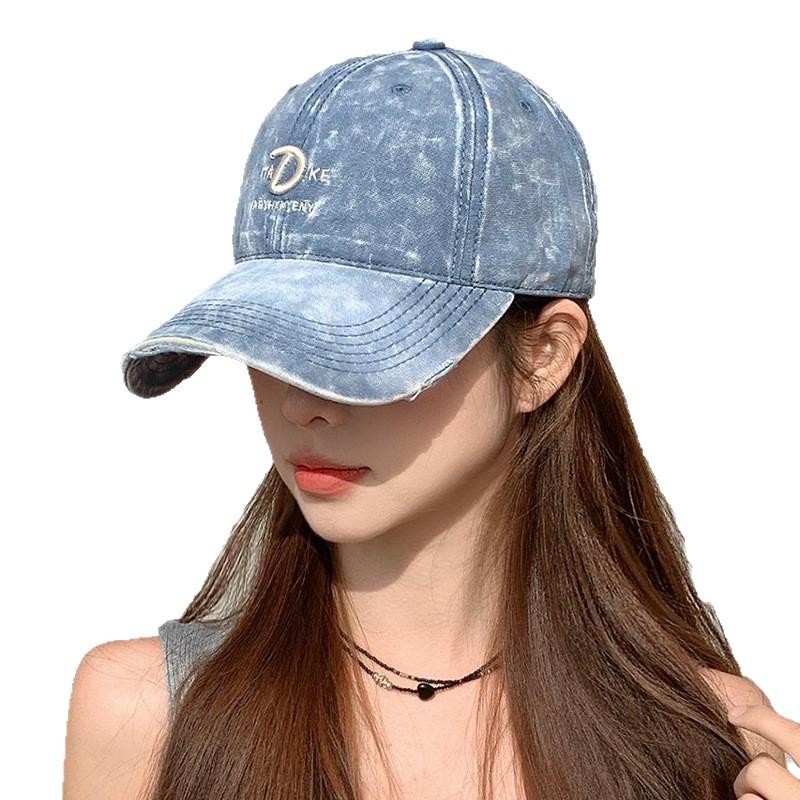 American retro tie-dye washed letter embroidered baseball cap for women, Korean style fashion distressed duckbill cap, sun hat for men
