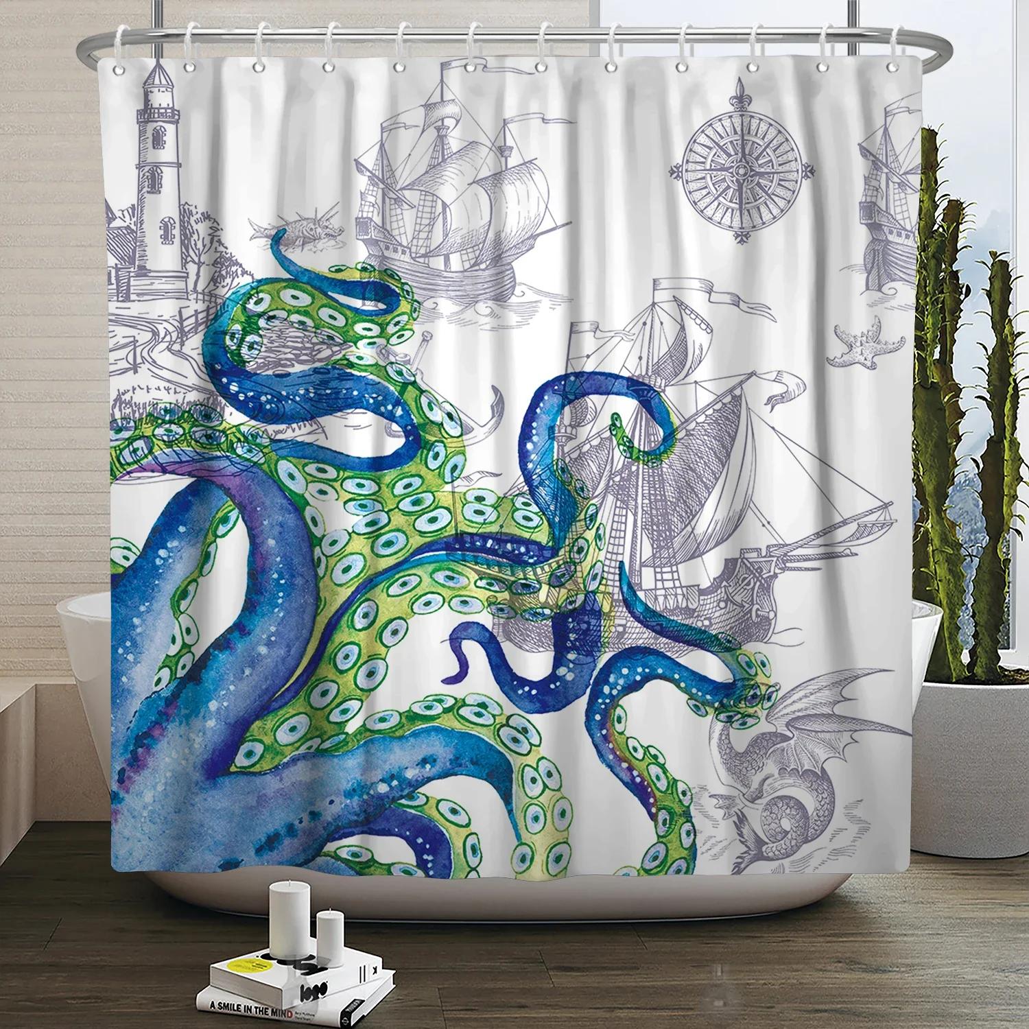 

Fun Cartoon Sea Animal Shower Curtain, Sea Turtle Octopus Jellyfish Whale Crab Sea Life Landscape, Bathroom Shower Curtain Set W120XH180cm