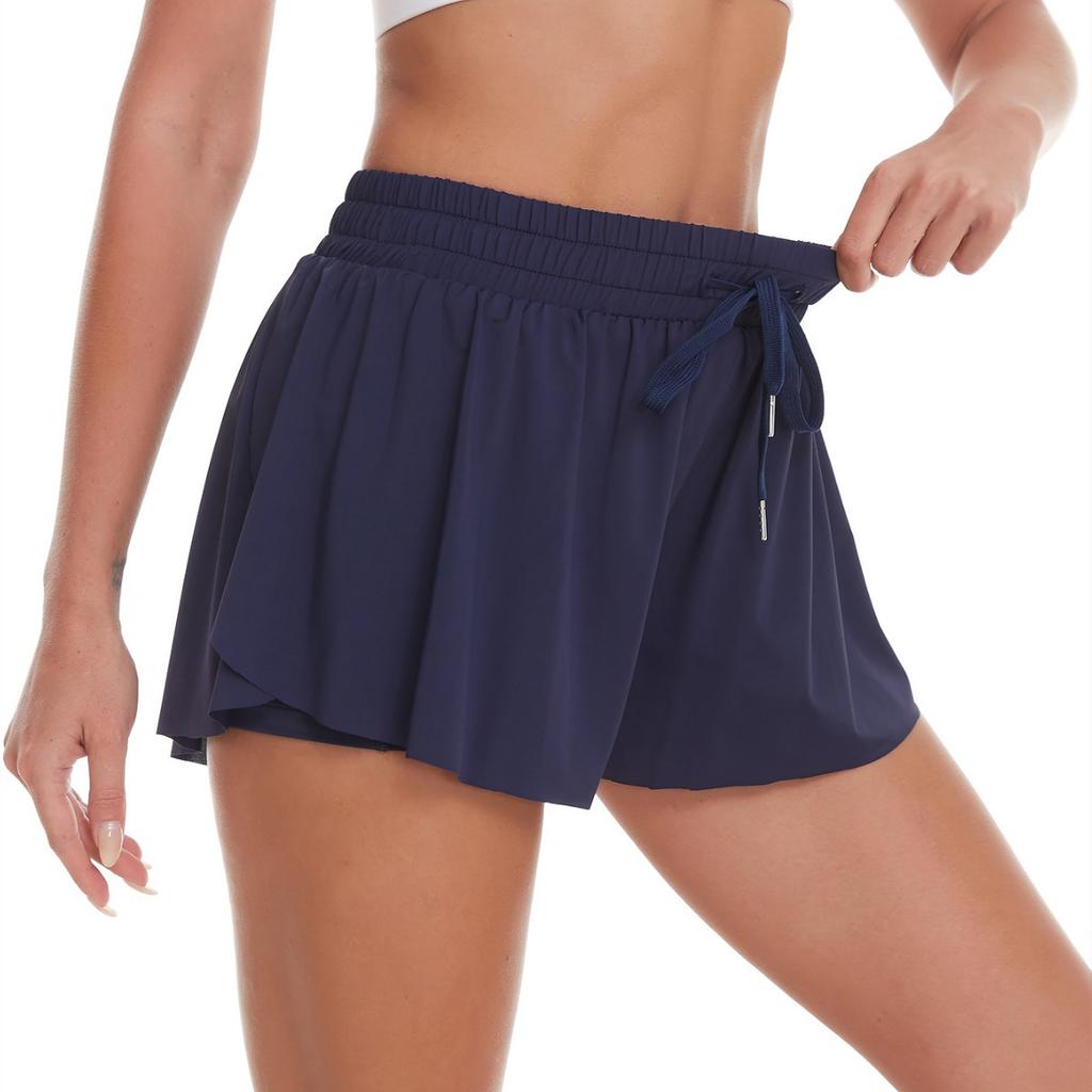 Pantaloni scurți sport de primăvară-vară pentru femei, Culote de tenis din nailon și spandex cu șnur și curea anti-expunere