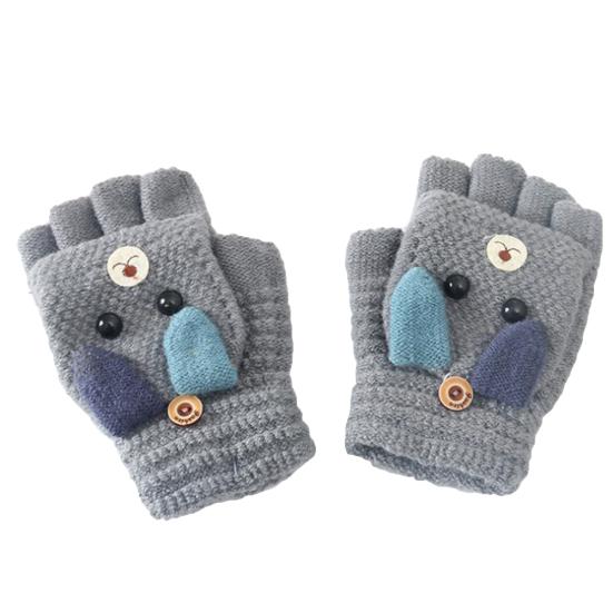 Winter Warm Kids Boys Girls Cartoon Dog Flip Top Knit Half Finger Gloves Mittens серый