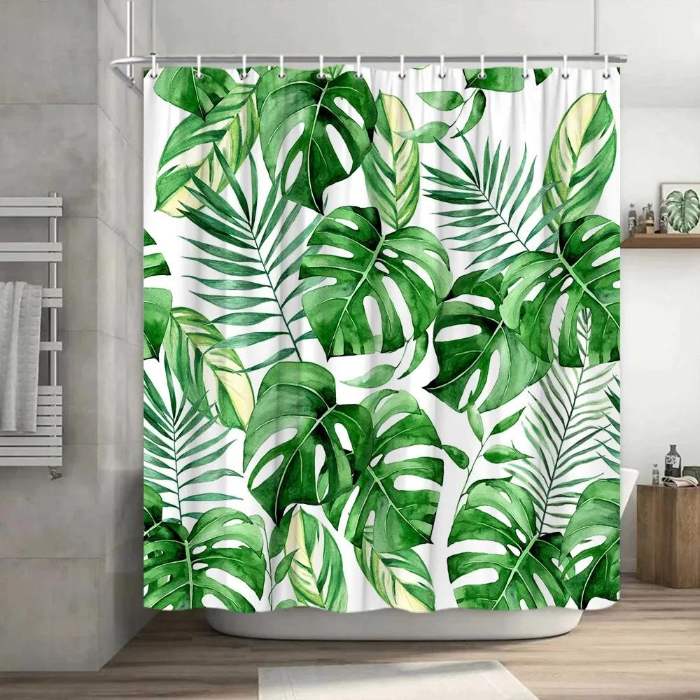 Boho Plant Shower Curtains Green Leaf Tropical Shower Curtain For Bathroom Set Palm Botanical Bohemia Bath Screen Bathroom Decor