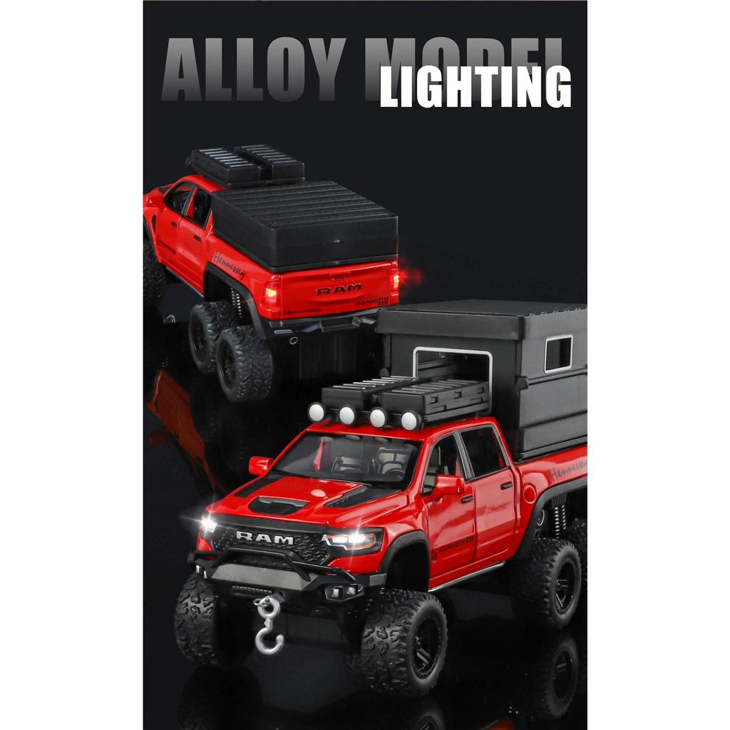 1/32 DODGE Tyrannosaurus RAM Alloy Pickup Camper Van Car Model Diecasts Metal Off-road Vehicles Car Model Sound Light Kids Gifts